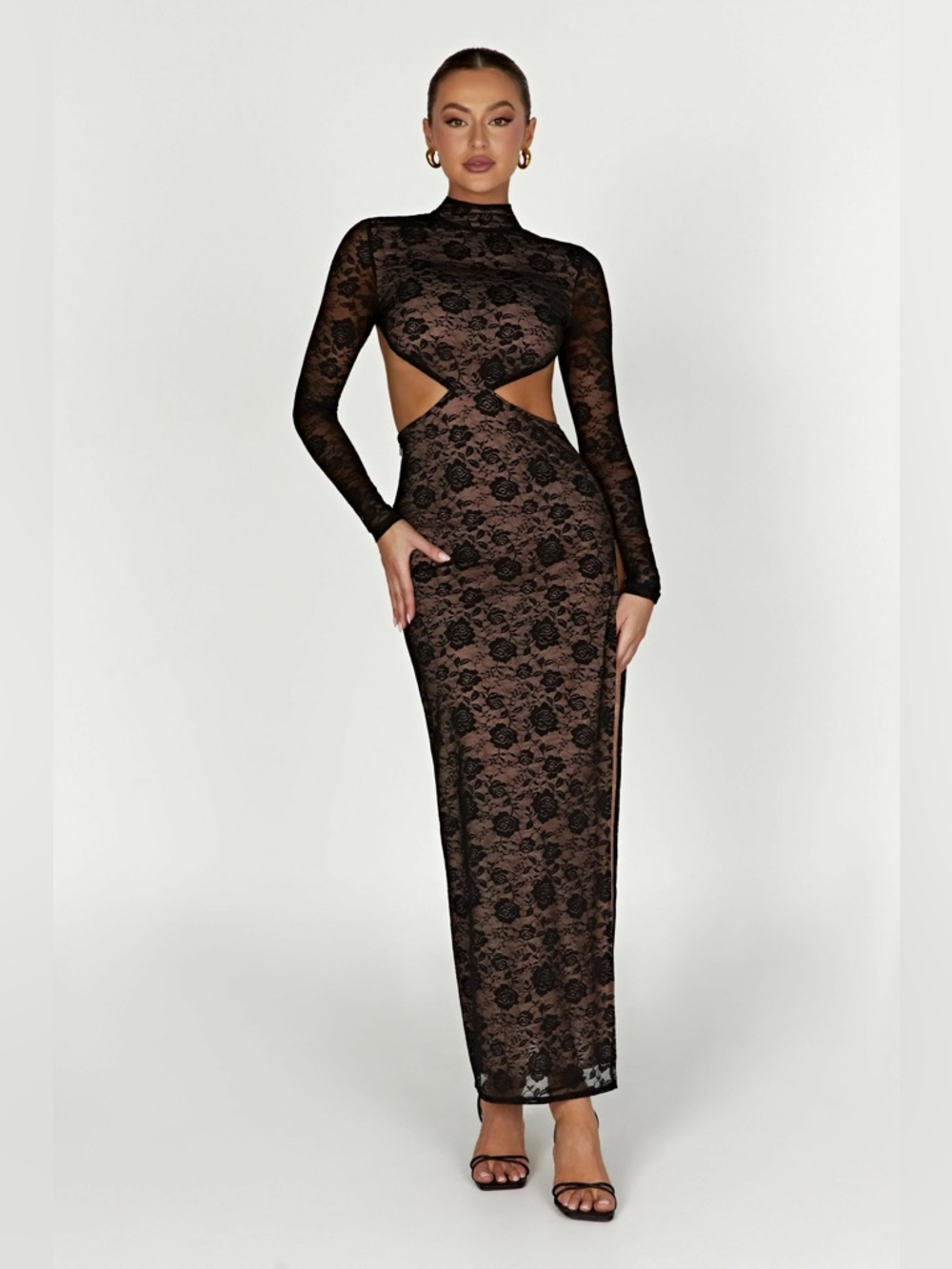 Meshki Callista Lace Long Sleeve Black Lace Cutout Maxi Dress